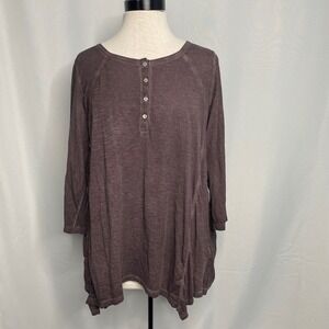 LOGO Lori Goldstein Womens Henley Tunic Top 3/4 Sleeve Pockets Plum Purple Large